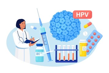 Human papillomavirus. Doctor diagnosis HPV virus. Cervical cancer early diagnostics and checkup. Scientist analyzing infected cells. HPV vaccination for reduce virus infection risk or oncology. Vector