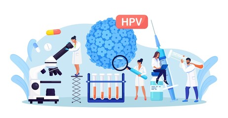 Human papillomavirus. Doctor diagnosis HPV virus. Cervical cancer early diagnostics and checkup. Scientist analyzing infected cells. HPV vaccination for reduce virus infection risk or oncology. Vector