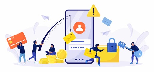 Cyber criminals phishing stealing private personal data, credentials, password, bank document and credit card. Tiny anonymous hackers attacking smartphone, hacking  email. Cyber crime, hacker attack. 