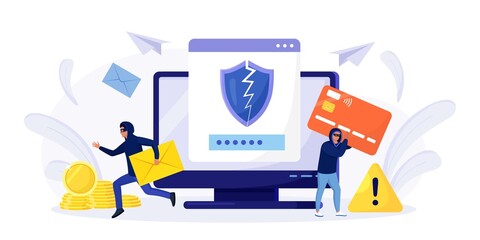 Cyber criminals hacking and stealing email and credit card data. Internet phishing attack. Hackers hacked into user bank account. Cybercrime. Hacker attack. Vector design