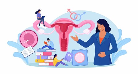 Sex education. Gynecologist Doctor Consultate Girls. Puberty, Maturation. Sexual Health Lesson for Young People. Contraception and Female Reproductive System, Uterus, Ovaries. Sexuality and Gender.
