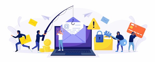 Cyber criminals phishing stealing private personal data, credentials, password, bank document and credit card. Tiny anonymous hackers attacking computer, hacking  email. Cyber crime, hacker attack. 