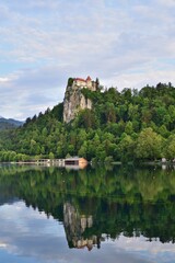 Fototapeta na wymiar Die Burg Bled, ursprünglich Burg Veldes genannt im See verspiegelt