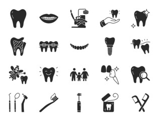 Dental clinic doodle illustration including flat icons - wisdom tooth, veneer, teeth whitening, braces, implant, toothbrush, caries, floss, mouth. Glyph silhouette art about stomatology. Black Color
