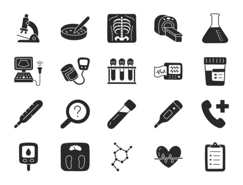 Medical checkup doodle illustration including flat icons - xray, ultrasound, checklist, blood test, petri dish, thermometer. Glyph silhouette art about health diagnostic equipment. Black Color