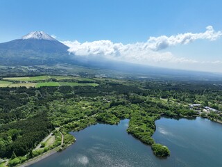 Fototapeta na wymiar 田貫湖、朝霧高原からの世界遺産、富士山を空撮した風景。