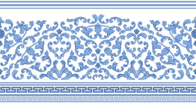 Vector seamless border print on a white background. Greek indigo blue meander frieze, Baroque blue flower scrolls. Scarf, shawl, rug carpet