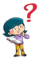 illustration of little girl with book and question mark symbol