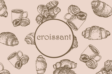  vintage pattern croissants with text, stylish sepia food cover  for fabric, postcards, wallpapers,graphical vector illustration. Fast food and menu background design