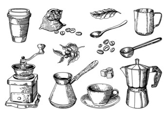 vector set of coffee sketch, freehand drawing, cup, coffee grinder, grains and other items