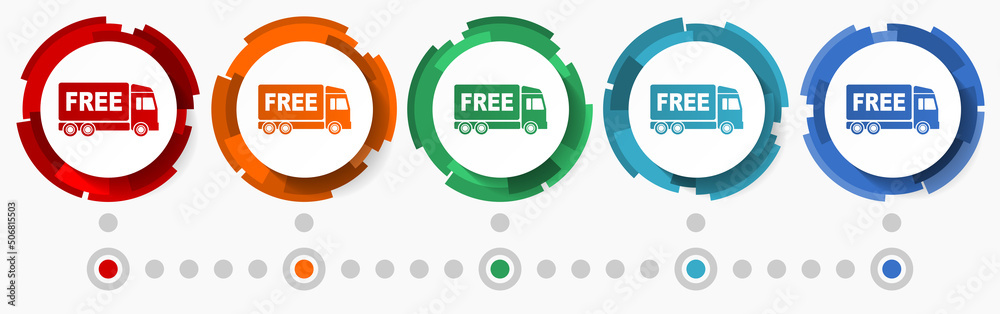 Poster truck, free delivery concept vector icon set, modern design abstract web buttons in 5 color options,