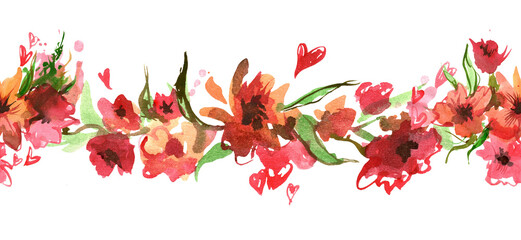 Horizontal seamless floral border. High quality hand-painted illustration