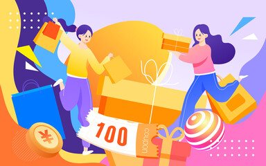 618 e-commerce shopping festival, girl is shopping with shopping bags, vector illustration
