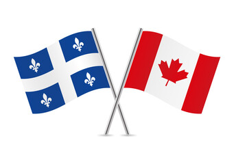 Quebec AND Canada crossed flags. Quebecois and Canadian flags on white background. Vector icon set. Vector illustration.