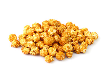 Heap of caramel popcorn isolated on white background	