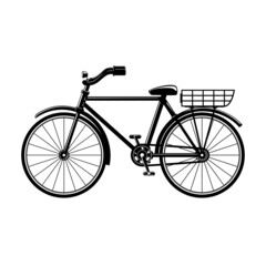Fototapeta na wymiar Silhouette of a bicycle with a lantern and a basket for groceries on a white background isolated, eco-friendly transport for everyday riding and recreation, vector illustration