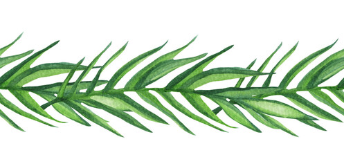 Seamless tropical border with green palm leaves and trees.Wildlife.Green border.