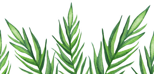 Obraz premium Seamless tropical border with green palm leaves and trees.Wildlife.Green border.