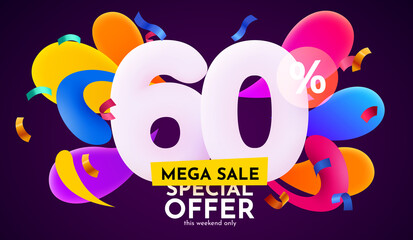 60 percent Off. Discount creative composition. 3d sale symbol with decorative objects. Sale banner and poster.