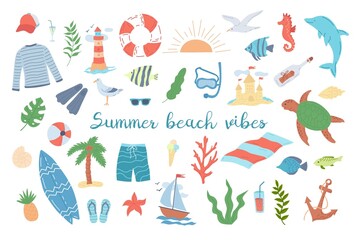 Summer and beach holidays, a set of items. Flat vector illustration