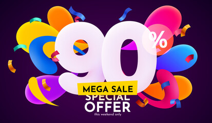 90 percent Off. Discount creative composition. 3d sale symbol with decorative objects. Sale banner and poster.