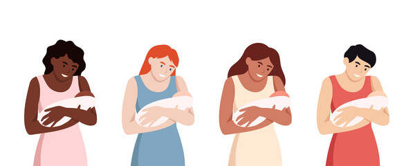 Set of mother with newborn baby of different nationalities. Motherood vector concept. African american, arab, european, caucasian race
