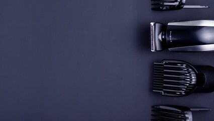 Shaving, Razor, brush, Comb, scissor, clippers and hair trimmer. Accessories for Barber shop equipment on black background Top view copyspace