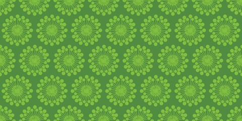 Rows of Colorful Large Flowers Pattern, Colored in Green - Retro Style Texture, Wide Scale Background, Design Element in Editable Vector Format