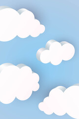 3D clouds background. White geometric shapes in blue sky, communication balloon, web internet symbol, meteorology climate, decorative backdrop, vertical poster or banner vector isolated illustration
