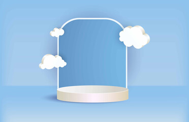 3D Podium. White pedestal in blue room, showcase for products presentation and advertising. Empty round platform on pastel background with clouds, minimal modern design. Vector backdrop