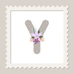 Letter Y with flowers. Floral alphabet font uppercase