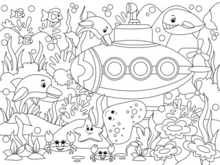 Underwater sea transport, marine livestock, fish. Coloring page outline of cartoon. Raster illustration, coloring book for kids.