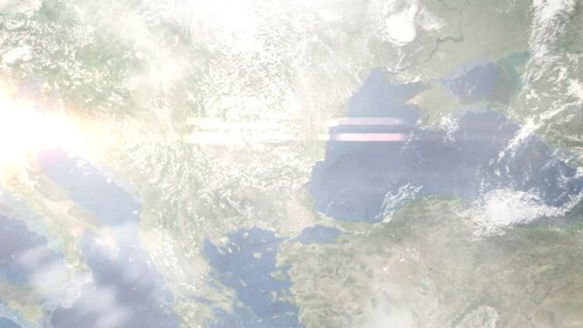 Earth zoom in from outer space to city. Zooming on Shumen, Bulgaria. The animation continues by zoom out through clouds and atmosphere into space. Images from NASA