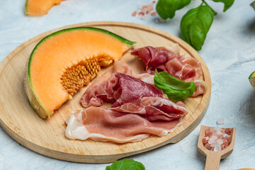 appetizer with sweet melon and ham, dorblu stilton dairy product, blue cheese roquefort gorgonzola, roquefort, cambozola, Food recipe background