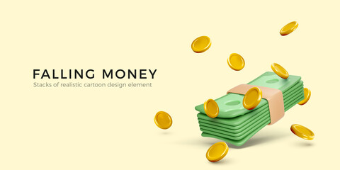 Falling money. 3d realistic cartoon gold coins and dollar banknote bundle. Big win or jackpot banner