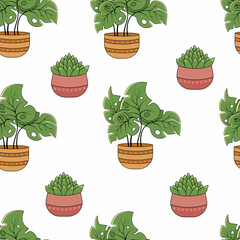 Seamless pattern with monstera houseplants and succulents in pots