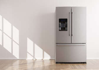 Refrigerator standing in empty room. Free, copy space for text or other objects. Household electrical equipment. Modern kitchen appliance. Stainless steel fridge with double doors, freezer. 3d render.