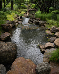 Landscaping streams and waterfalls a dam with a cascade gardening with green plants, and natural rocks.