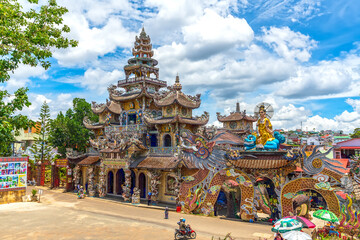 Linh Phuoc Pagoda with monumental associated pylons from millions pieces crockery create composite...