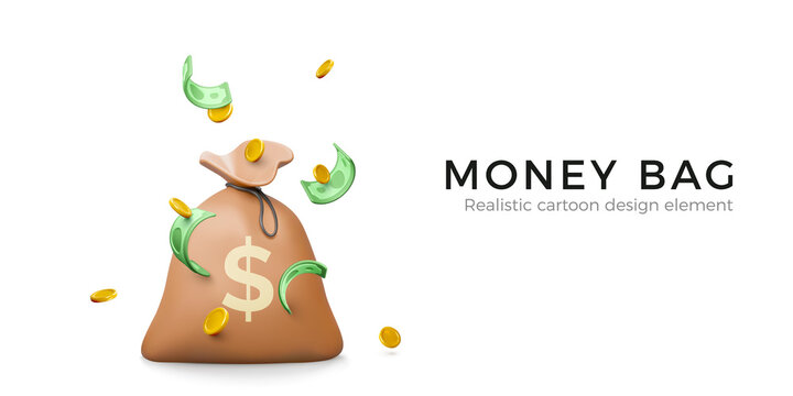 Money bag with falling gold coins and green banknotes in cartoon realistic style. 3d design money element for banner or poste