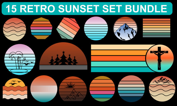 
RETRO SUNSET SET BUNDLE, Retro Sunset Color Circle Set of 15 Vector Circular gradient background, T shirt design element, forest, desert rock and eagle, seagulls and flamingo birds, cactus