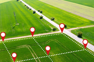 Czech realty business - Land plot in aerial view. Gps registration survey of property, real estate...