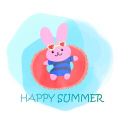 サングラスをして浮き輪で浮かんでいるウサギ　ハッピーサマーうさぎ