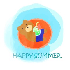 グラスを持って浮き輪で浮かぶ熊　ハッピーサマーくま