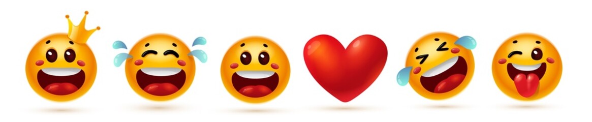 Vector set of illustration of different yellow color smile emoticon with crown, tear, heart for social media message. 3d style design of fun laugh emoji
