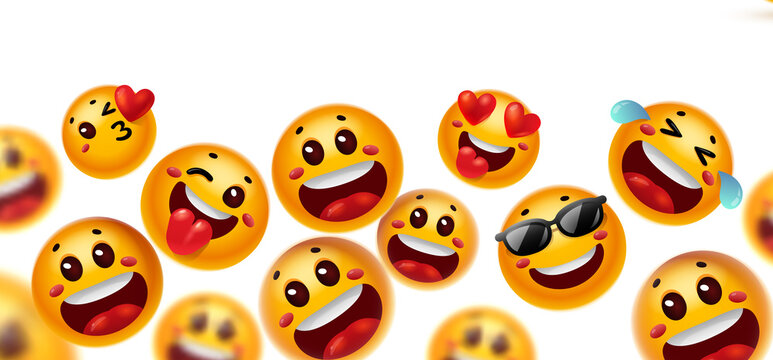 Vector illustration of many different happy yellow color smile emoticon in sunglasses. 3d style design of fun laugh emoji with open mouth, heart, tongue and tear