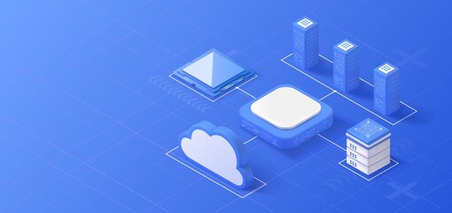 Cloud storage isometric illustration. Data server platform. Computer service technology. Network infrastructure.