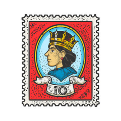 Obraz premium Postage stamp with queen portrait profile color sketch engraving vector illustration. T-shirt apparel print design. Scratch board imitation. Black and white hand drawn image.