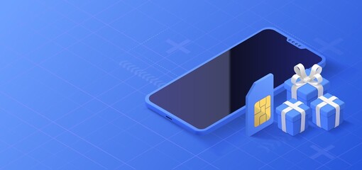 Mobile connection concept. Mobile store sales with gifts. SIM card promotion isometric background. Vector illustration.