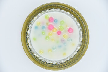 Thai Banana in Coconut Milk - Thai food, top view on white background.